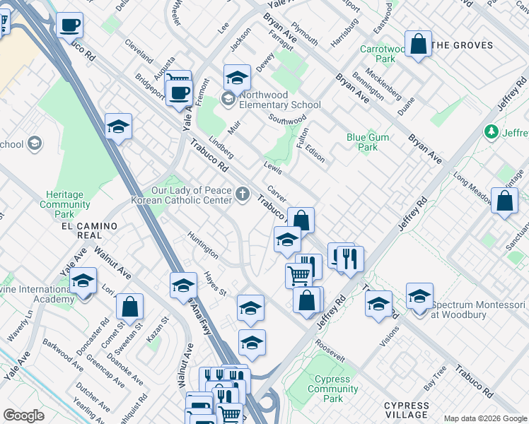 map of restaurants, bars, coffee shops, grocery stores, and more near 32 Cartier Aisle in Irvine