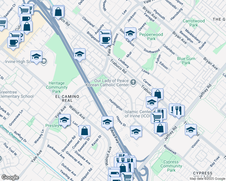 map of restaurants, bars, coffee shops, grocery stores, and more near 337 Huntington in Irvine