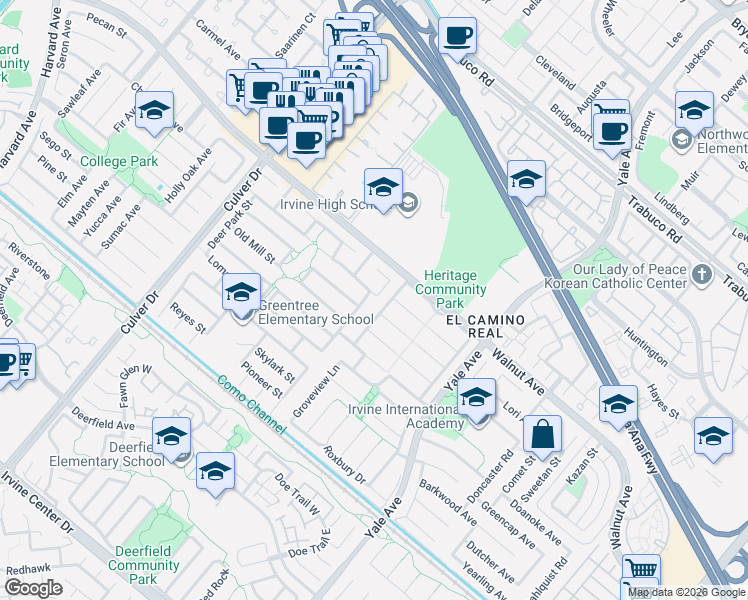 map of restaurants, bars, coffee shops, grocery stores, and more near 4452 Wyngate Circle in Irvine