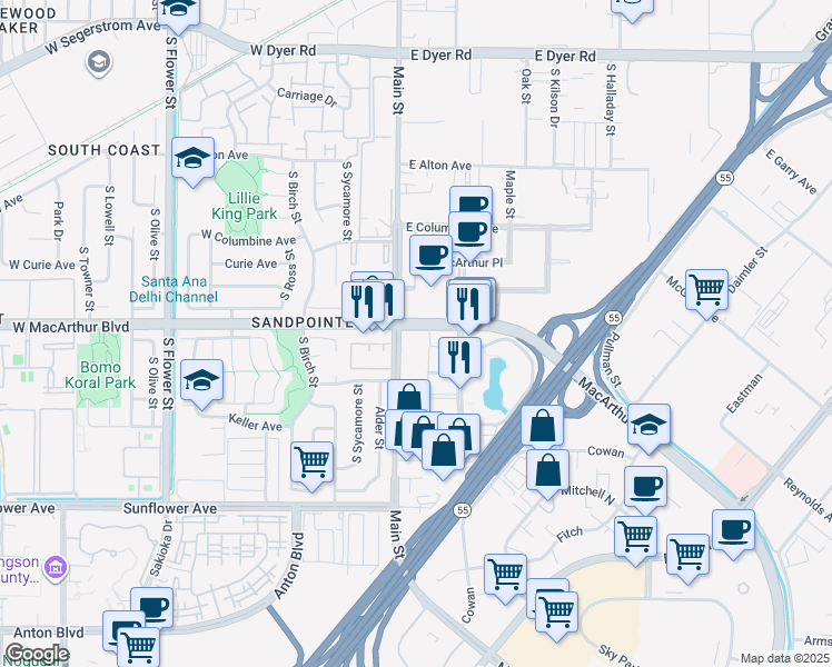 map of restaurants, bars, coffee shops, grocery stores, and more near 100 East Macarthur Boulevard in Santa Ana