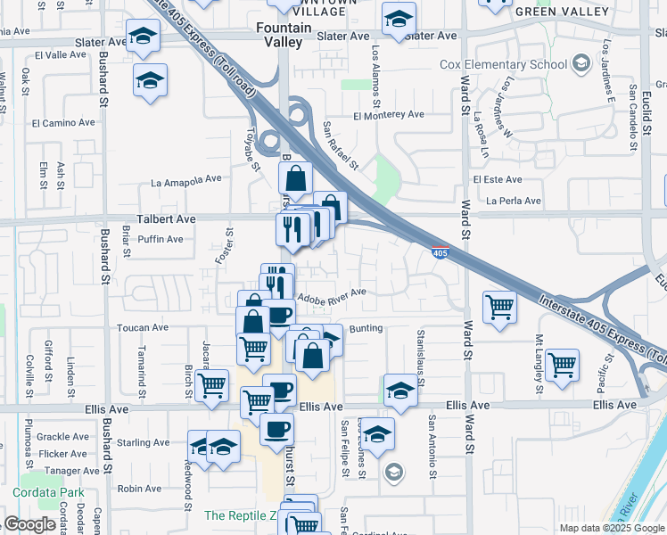 map of restaurants, bars, coffee shops, grocery stores, and more near 10098 Fall River Court in Fountain Valley