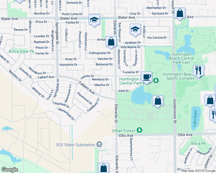 map of restaurants, bars, coffee shops, grocery stores, and more near 18122 Lakepoint Lane in Huntington Beach