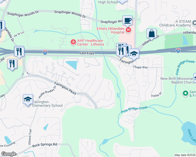 map of restaurants, bars, coffee shops, grocery stores, and more near 6101 Fairington Ridge Circle in Stonecrest