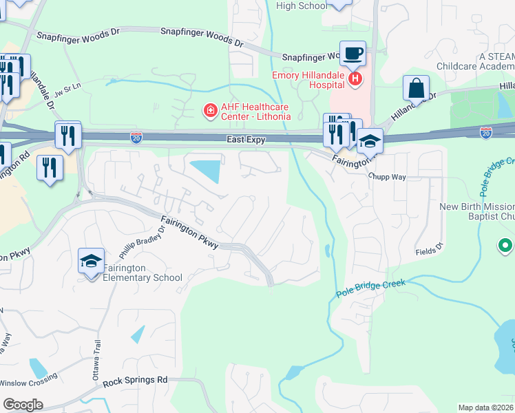 map of restaurants, bars, coffee shops, grocery stores, and more near 2836 Norfair Loop in Stonecrest