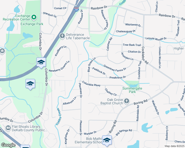 map of restaurants, bars, coffee shops, grocery stores, and more near 3603 Preakness Drive in Decatur