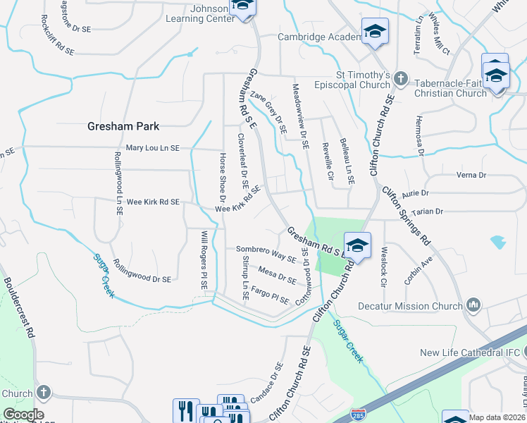 map of restaurants, bars, coffee shops, grocery stores, and more near 2016 Rodeo Court Southeast in Atlanta