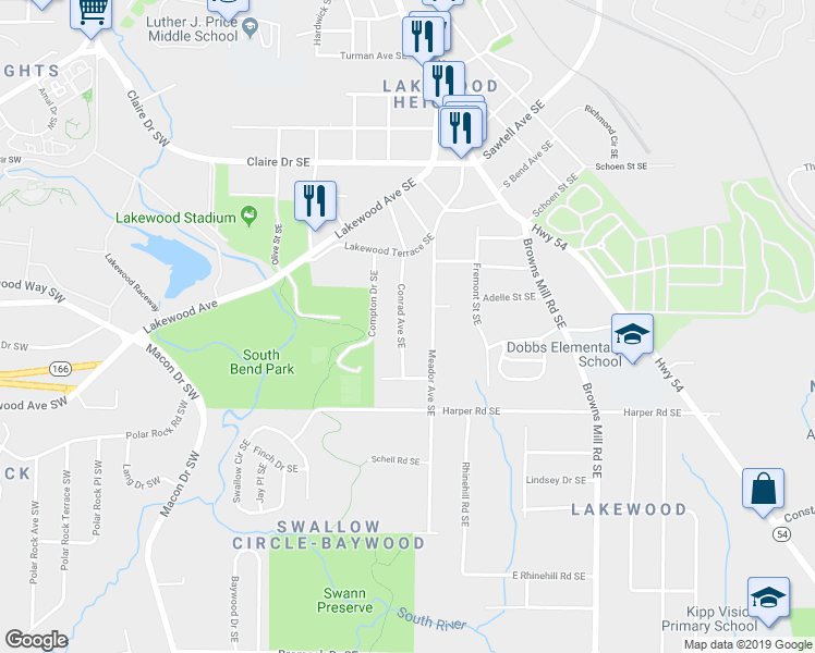 map of restaurants, bars, coffee shops, grocery stores, and more near 2030 Conrad Avenue Southeast in Atlanta