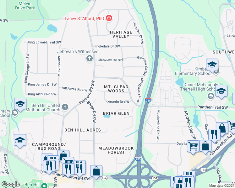 map of restaurants, bars, coffee shops, grocery stores, and more near 3471 Lenardo Drive Southwest in Atlanta