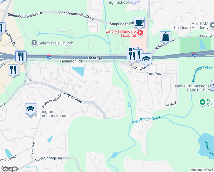 map of restaurants, bars, coffee shops, grocery stores, and more near 8303 Fairington Village Drive in Stonecrest