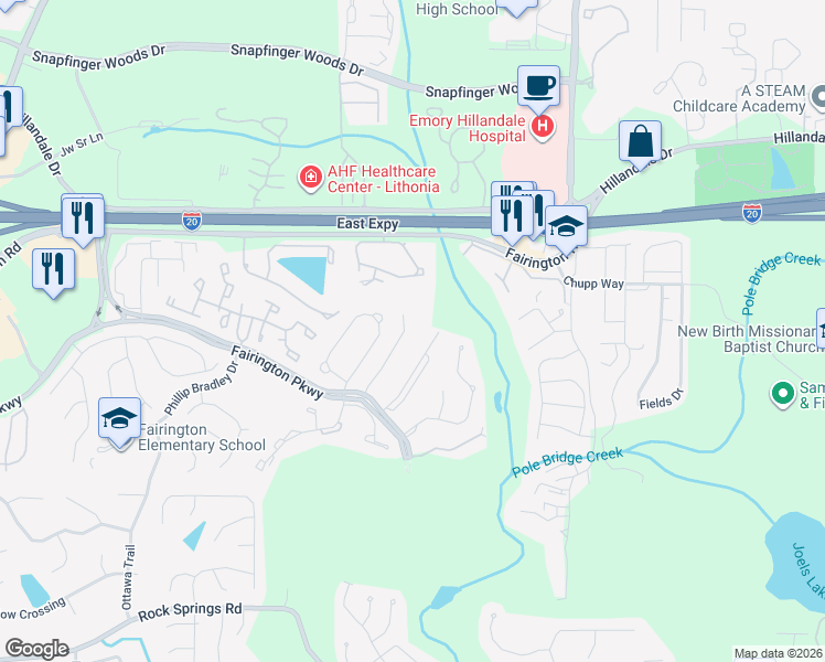 map of restaurants, bars, coffee shops, grocery stores, and more near 8201 Fairington Village Drive in Stonecrest