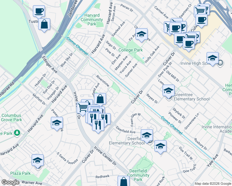 map of restaurants, bars, coffee shops, grocery stores, and more near 32 Edgestone in Irvine