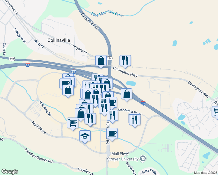 map of restaurants, bars, coffee shops, grocery stores, and more near 2926 Turner Hill Road in Lithonia