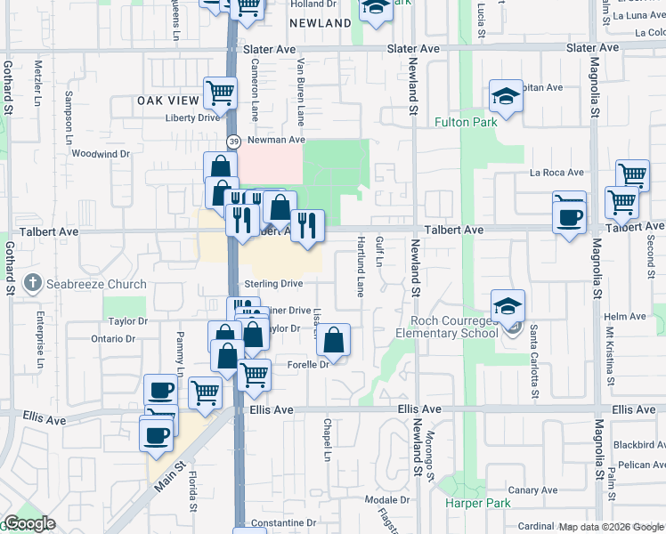 map of restaurants, bars, coffee shops, grocery stores, and more near 18101 Wharton Lane in Huntington Beach