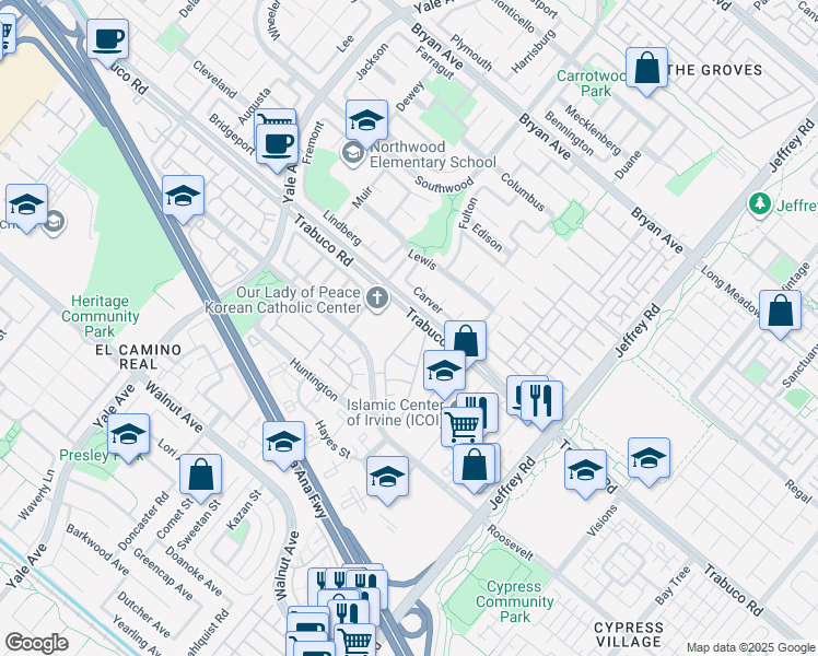 map of restaurants, bars, coffee shops, grocery stores, and more near 132 Cartier Aisle in Irvine