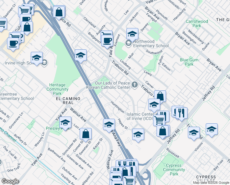 map of restaurants, bars, coffee shops, grocery stores, and more near 131 Remington in Irvine