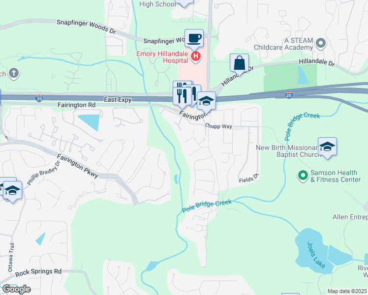map of restaurants, bars, coffee shops, grocery stores, and more near 3024 Parc Lorraine in Lithonia