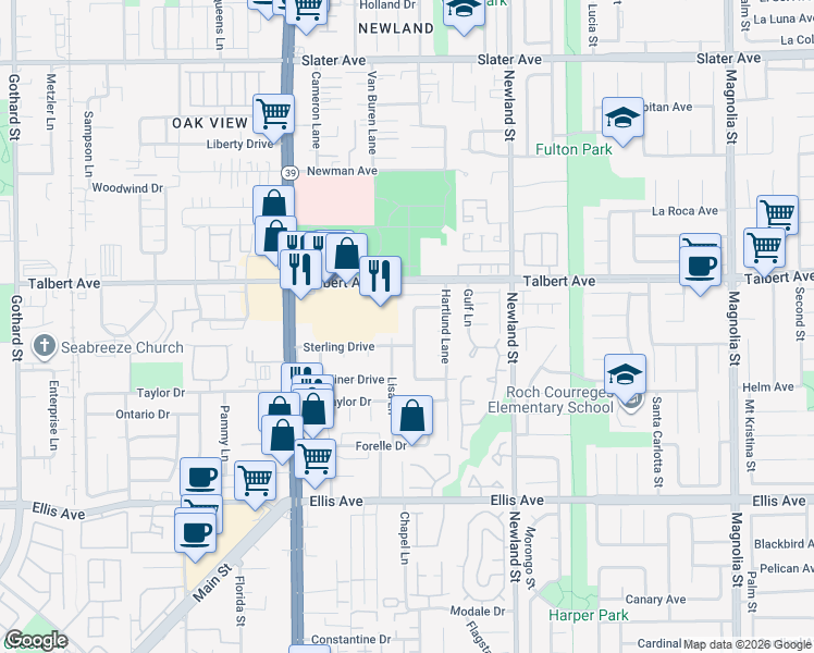 map of restaurants, bars, coffee shops, grocery stores, and more near 18101 Wharton Lane in Huntington Beach