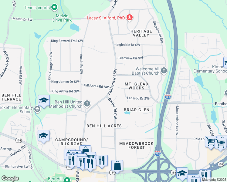 map of restaurants, bars, coffee shops, grocery stores, and more near 2030 Fairburn Road Southwest in Atlanta