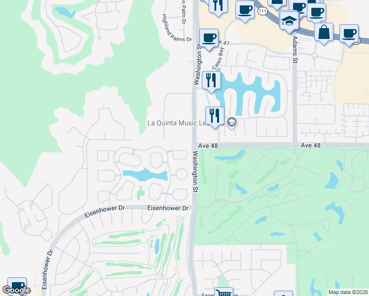 map of restaurants, bars, coffee shops, grocery stores, and more near 48137 Vista Cielo in La Quinta