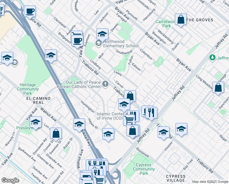 map of restaurants, bars, coffee shops, grocery stores, and more near 132 Cartier Aisle in Irvine