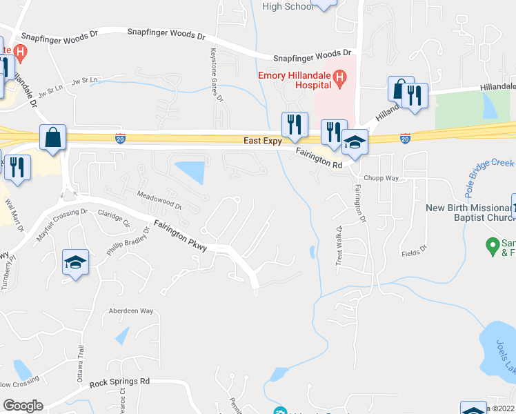 map of restaurants, bars, coffee shops, grocery stores, and more near 6101 Fairington Ridge Circle in Stonecrest