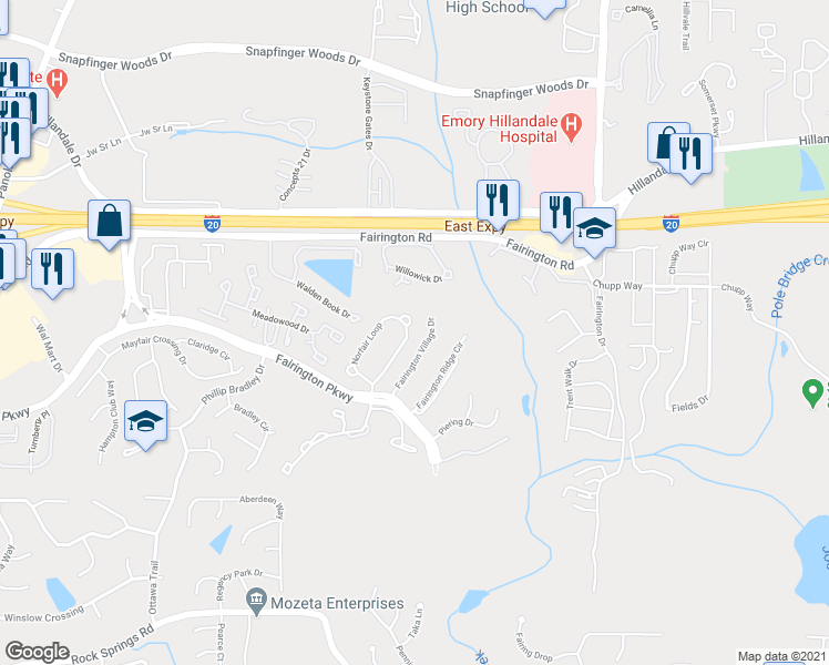 map of restaurants, bars, coffee shops, grocery stores, and more near 2836 Norfair Loop in Stonecrest
