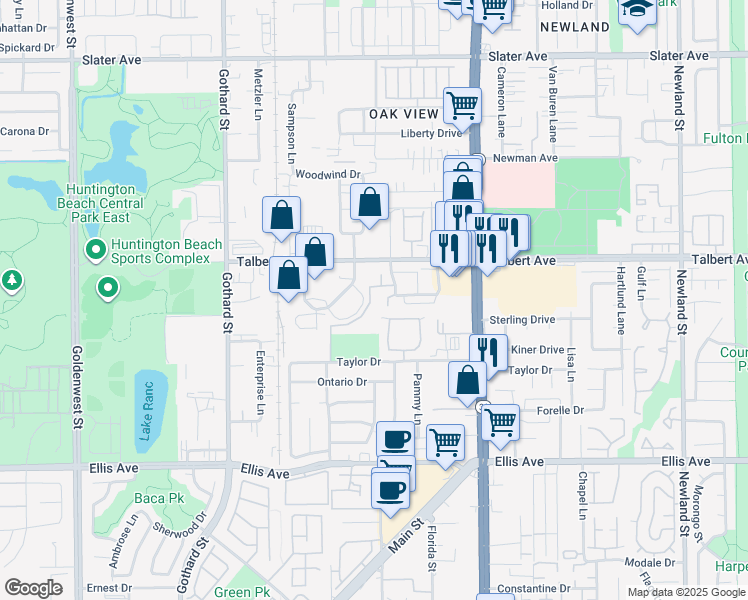 map of restaurants, bars, coffee shops, grocery stores, and more near 18252 Parkview Lane in Huntington Beach
