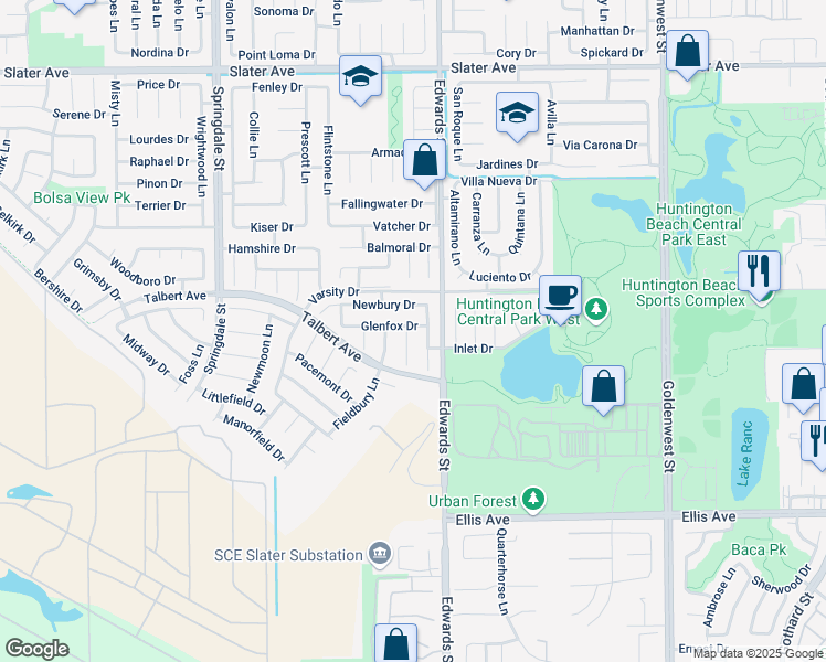 map of restaurants, bars, coffee shops, grocery stores, and more near 18122 Lakepoint Lane in Huntington Beach