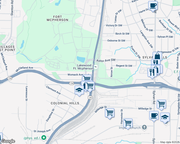 map of restaurants, bars, coffee shops, grocery stores, and more near 1259 Womack Avenue in Atlanta
