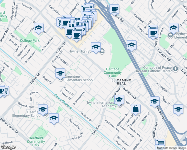 map of restaurants, bars, coffee shops, grocery stores, and more near 4452 Wyngate Circle in Irvine