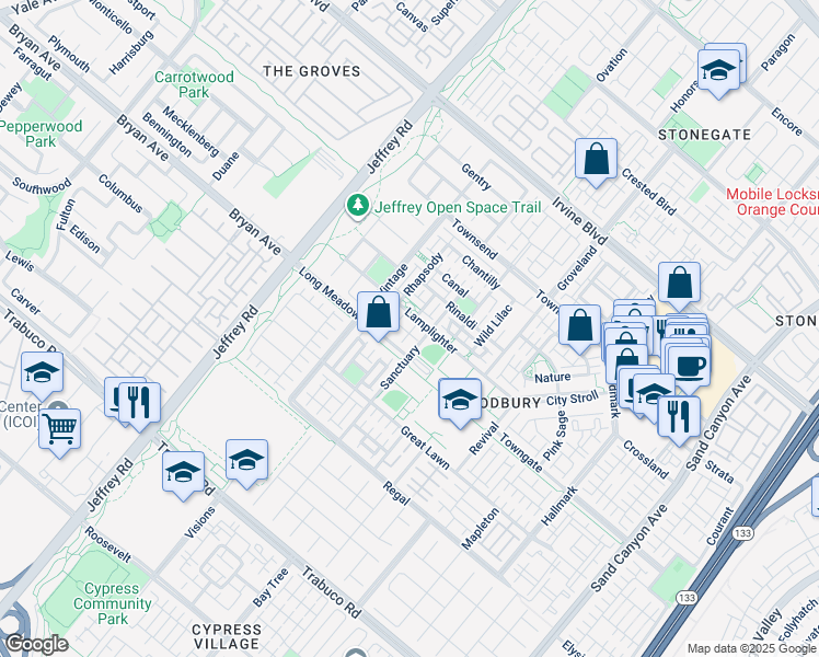 map of restaurants, bars, coffee shops, grocery stores, and more near 142 Pantheon in Irvine