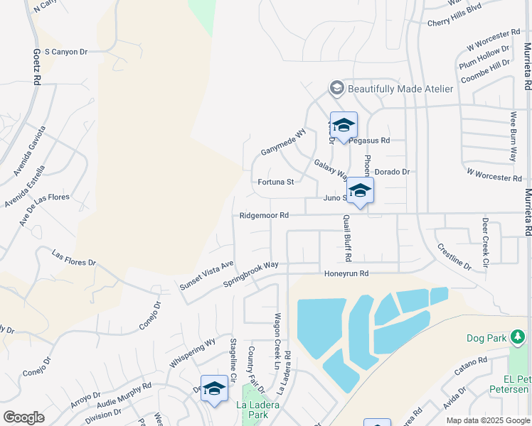 map of restaurants, bars, coffee shops, grocery stores, and more near 25119 Juno Street in Menifee