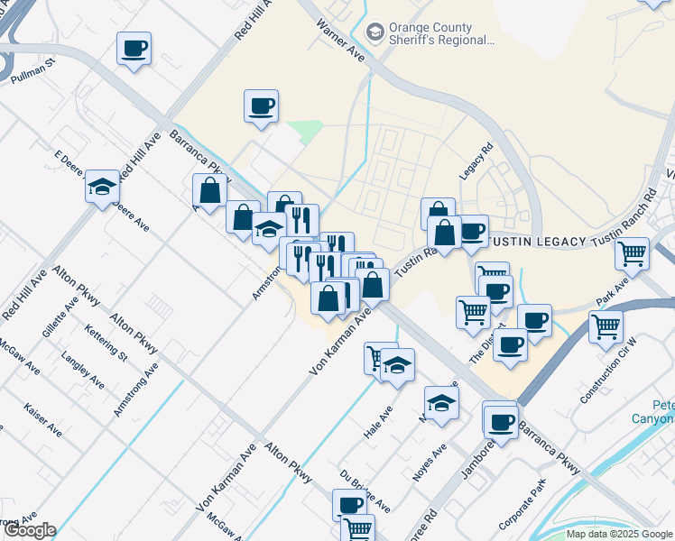 map of restaurants, bars, coffee shops, grocery stores, and more near 2395 Barranca Parkway in Tustin