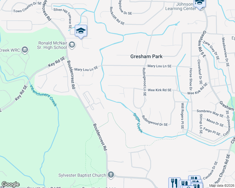 map of restaurants, bars, coffee shops, grocery stores, and more near 1727 Wee Kirk Road Southeast in Atlanta