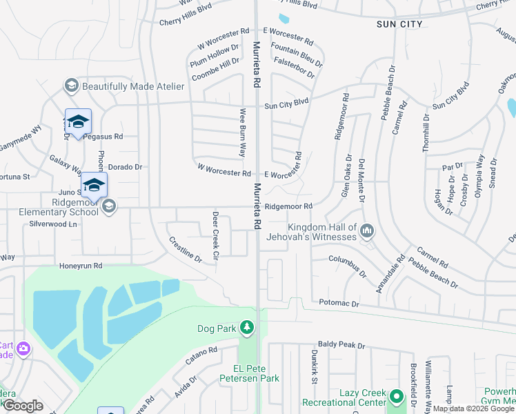 map of restaurants, bars, coffee shops, grocery stores, and more near Murrieta Road & Ridgemoor Road in Menifee