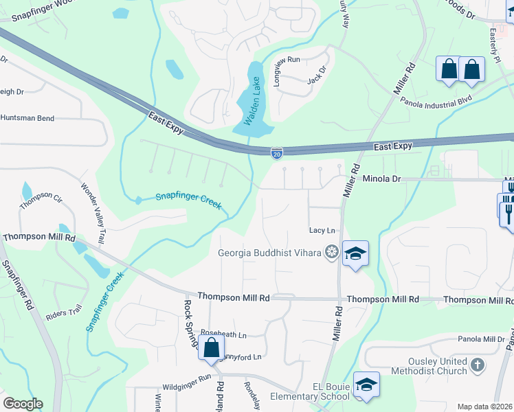 map of restaurants, bars, coffee shops, grocery stores, and more near 2921 Stratford Mill Road in Stonecrest