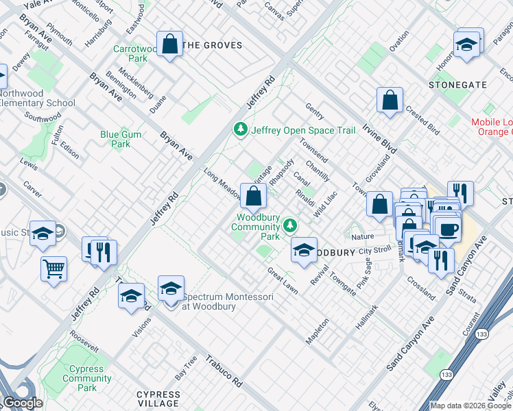 map of restaurants, bars, coffee shops, grocery stores, and more near 132 Vintage in Irvine