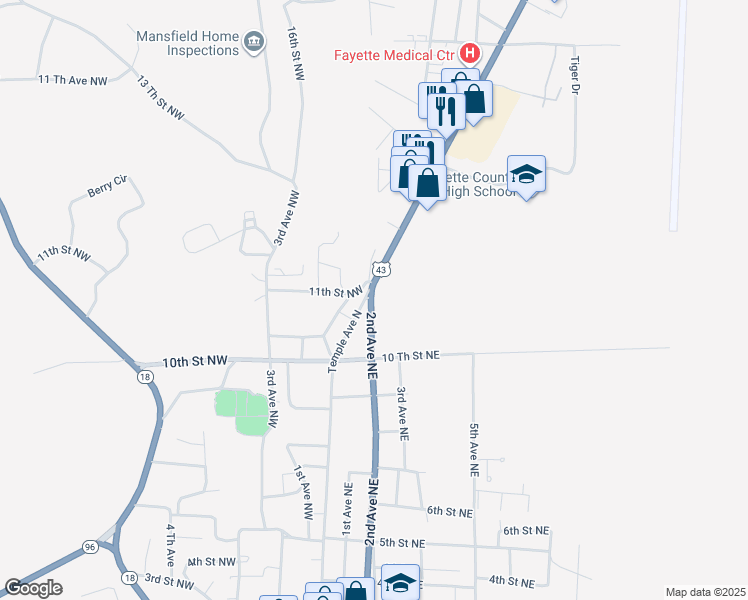 map of restaurants, bars, coffee shops, grocery stores, and more near 1342 Temple Avenue North in Fayette