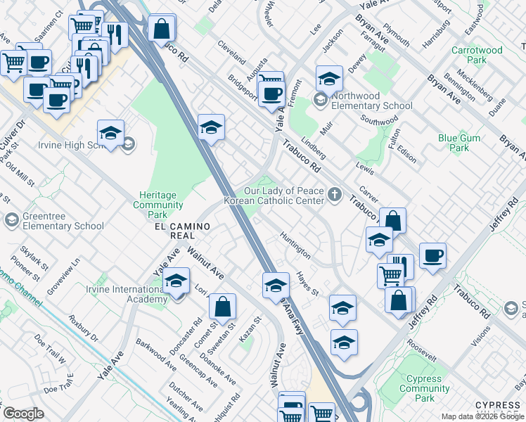 map of restaurants, bars, coffee shops, grocery stores, and more near 79 Huntington in Irvine