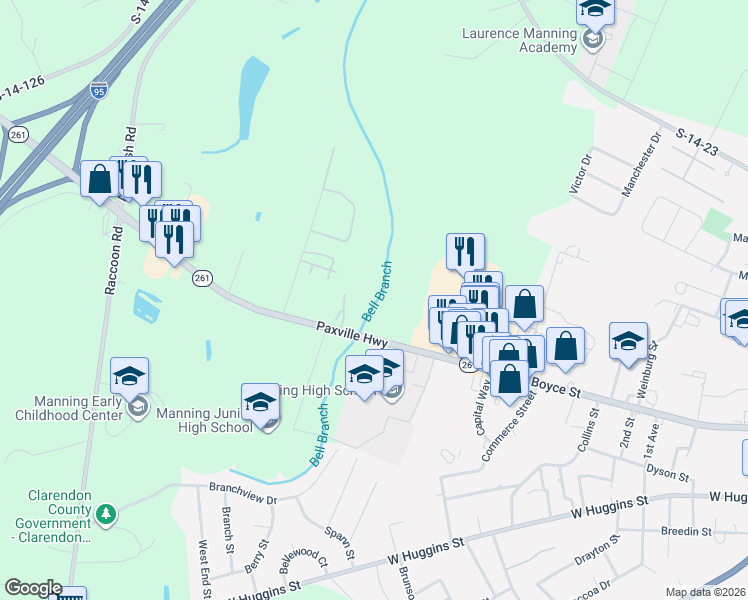 map of restaurants, bars, coffee shops, grocery stores, and more near 1124 Westwood Drive in Manning