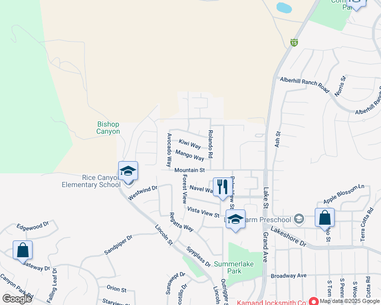 map of restaurants, bars, coffee shops, grocery stores, and more near 16505 Kiwi Way in Lake Elsinore