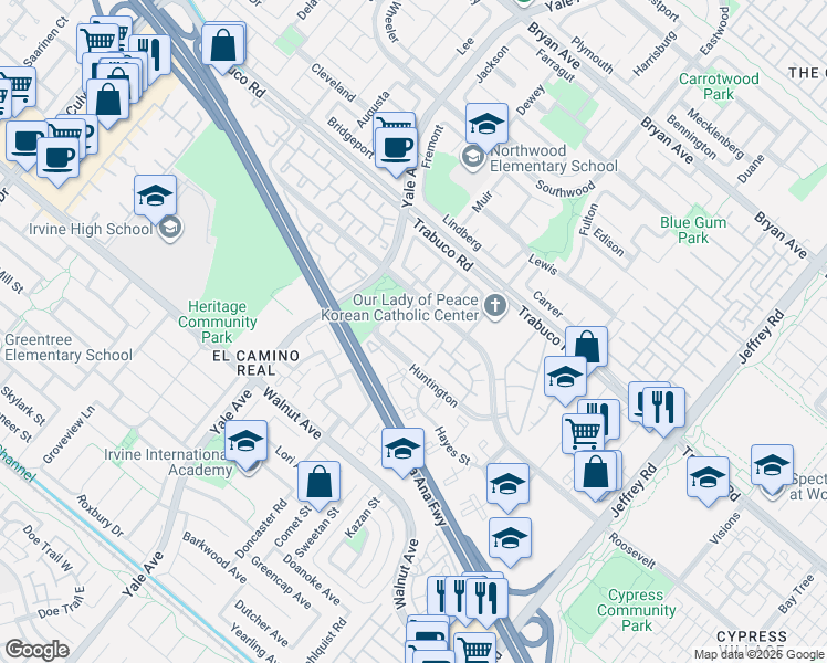 map of restaurants, bars, coffee shops, grocery stores, and more near 48 Van Buren in Irvine