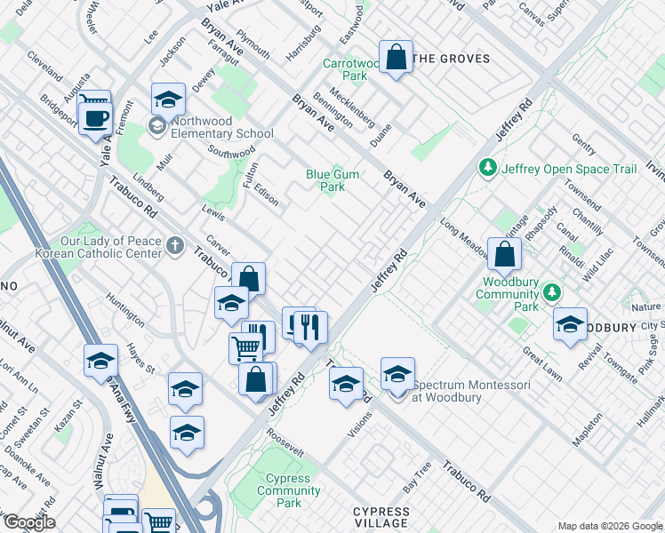 map of restaurants, bars, coffee shops, grocery stores, and more near 32 Torrey Pine in Irvine