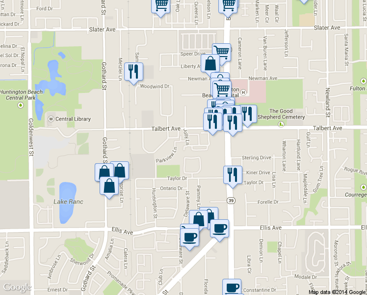 map of restaurants, bars, coffee shops, grocery stores, and more near 18151 Jolly Lane in Huntington Beach