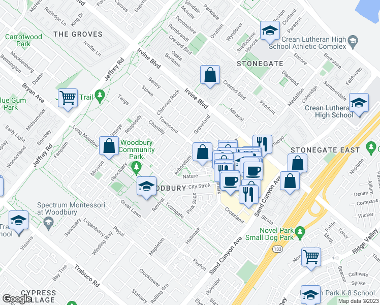 map of restaurants, bars, coffee shops, grocery stores, and more near 21 Costa Brava in Irvine