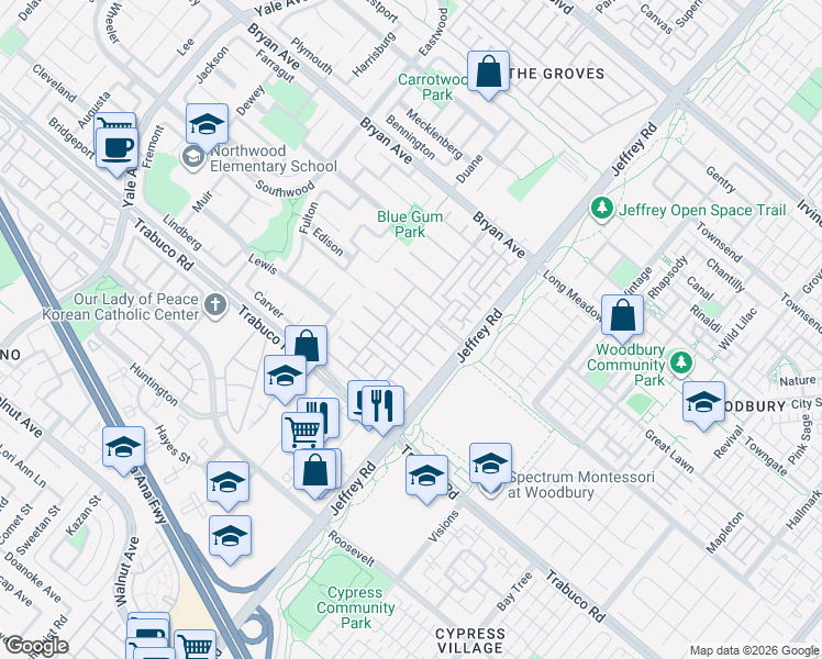 map of restaurants, bars, coffee shops, grocery stores, and more near 32 Torrey Pine in Irvine