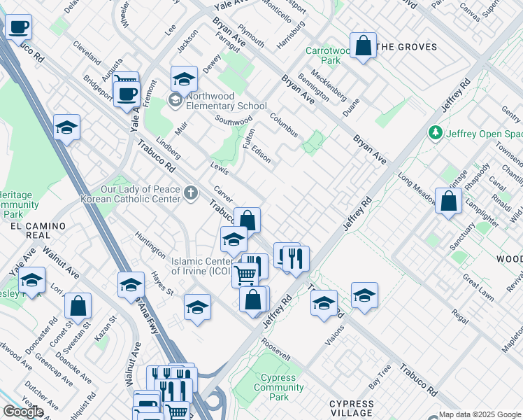 map of restaurants, bars, coffee shops, grocery stores, and more near 58 Lewis in Irvine