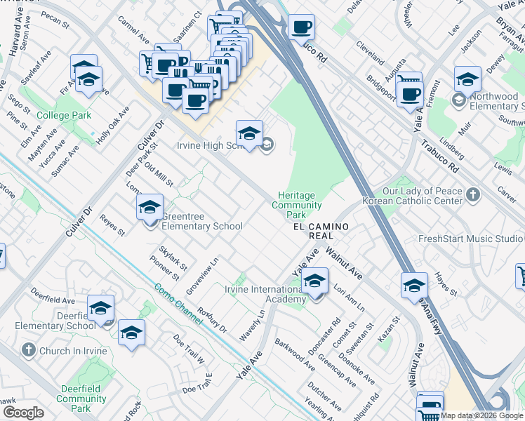 map of restaurants, bars, coffee shops, grocery stores, and more near 14511 Countrywood Lane in Irvine