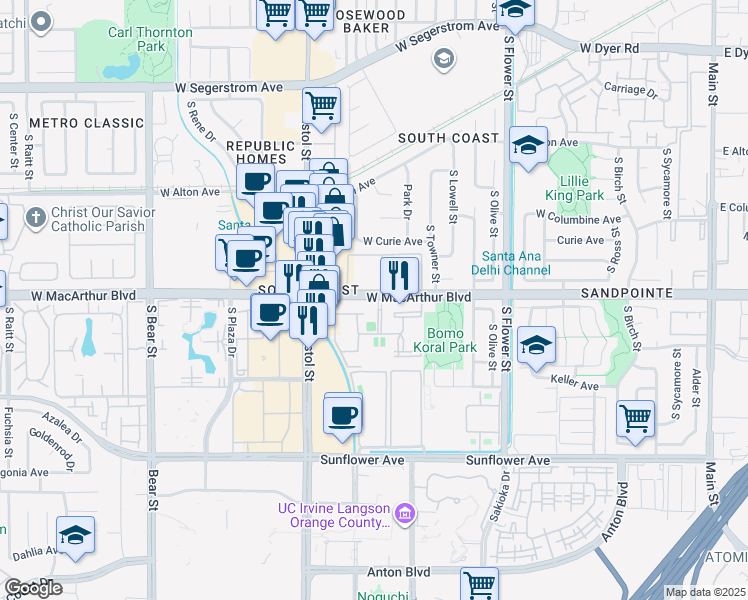map of restaurants, bars, coffee shops, grocery stores, and more near 1001 West MacArthur Boulevard in Santa Ana