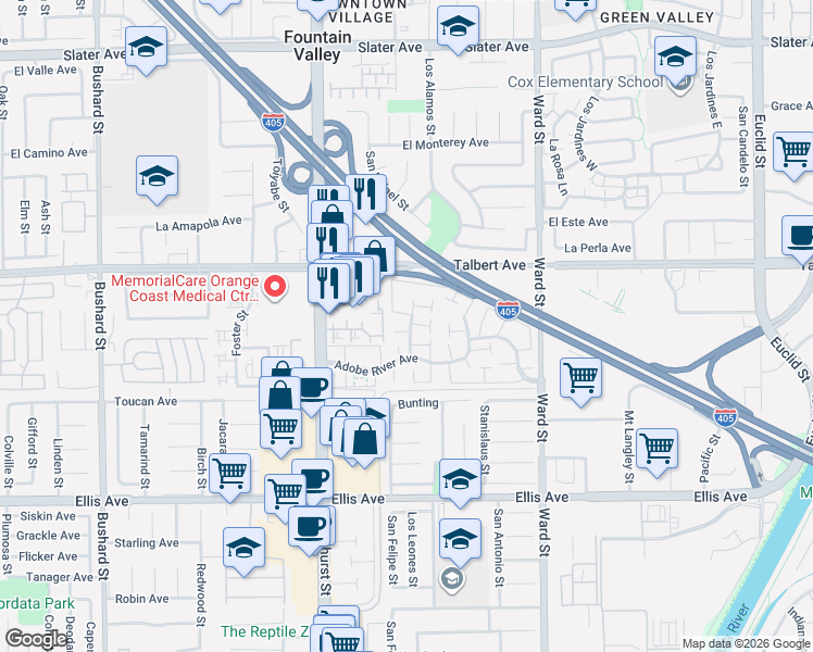 map of restaurants, bars, coffee shops, grocery stores, and more near 10179 Napa River Court in Fountain Valley